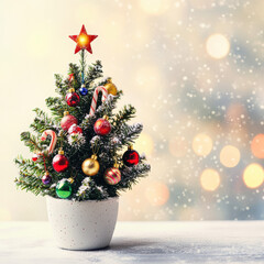 Minimal christmas tree with snow decor winter background