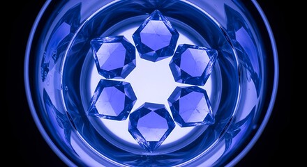 Top down view of blue geometric crystal gems arranged in a circle inside a glass container.
