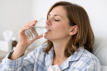 Woman Drinking Water While Taking Daily Medication.
Young woman in pajamas drinks water while holding pills, showing a calm morning routine focused on health care.