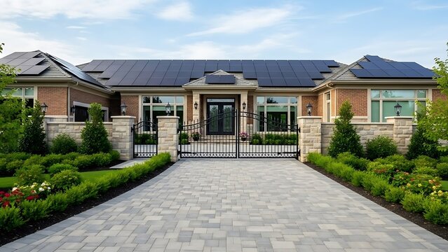 Facade of house with solar panels on roof by pavestone driveway and open gate - luxury residential exterior view