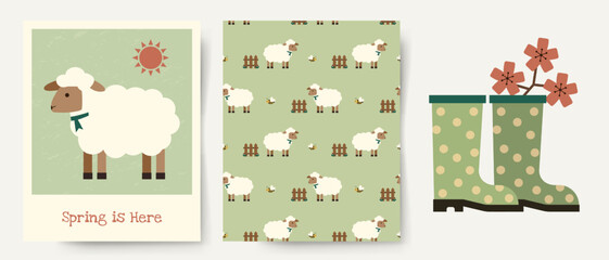 Spring collection with cute sheep and boots. Seamless pattern and minimalist greeting card. Springtime pastel background