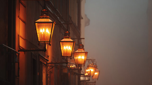 Illuminating the dim cityscape, vintage streetlights glow warmly in the twilight. The warm lights provide a stark contrast to the cool, misty air. #CityLights #VintageGlow