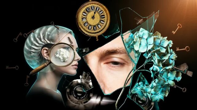 Woman inspects a surreal collage with magnified floral detail, antique clock elements and shattered glass. A detached eye fragment and suspended keys add mysterious narrative. High contrast, mixed-med
