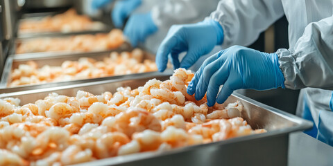 Seafood processing workers sorting fresh shrimp
