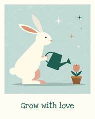 Spring greeting card with cute bunny, watering can and text. Pastel colors minimalist illustration for easter cards.