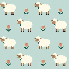 Spring seamless pattern with cute sheep and tulip flowers. Pastel minimalist illustration for textile and design