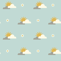 Spring seamless pattern with cute sun, clouds and daisies. Pastel minimalist spring background