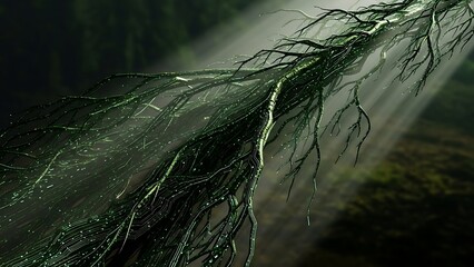 Ethereal forest canopy sunlight piercing through mystic spiderwebs.