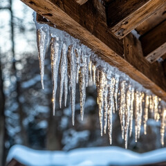 Winter icicles hanging from roof edge close up