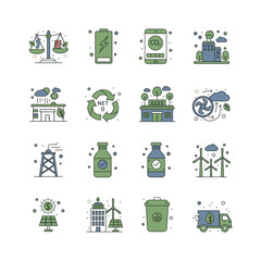 Net Zero and Carbon Credit Icon Set, Sustainable Emission Reduction Symbols, Carbon Neutrality and Environmental Conservation Vector Illustration