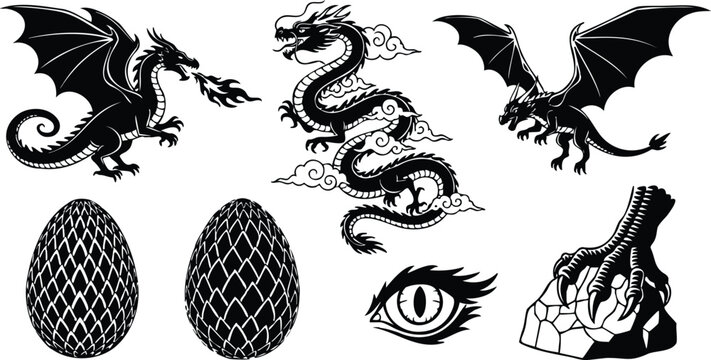 Tattoo flash side view winged dragon breathing fire with raised claw on rock two patterned dragon eggs and single reptile eye bold scaly clouds ornament
