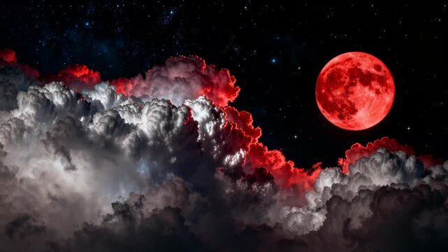 Red moon rises above dense nighttime clouds with glowing red rims and a deep starfield. High-contrast lighting and textured cloud layers create a moody celestial scene for editorial headers, posters, 