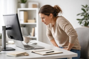 Lower Back Pain From Prolonged Computer Work At Home Office.
Woman sitting at a laptop holds her lower back in pain, showing physical discomfort caused by long desk hours.