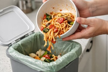 Household Food Waste Disposal And Kitchen Cleanup Process.
Hands scraping leftover food into kitchen trash bins, illustrating household food waste disposal, sustainability habits.