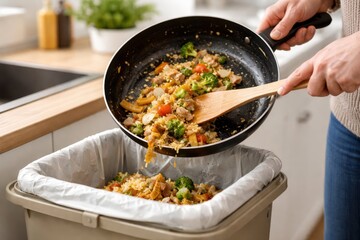 Household Food Waste Disposal And Kitchen Cleanup Process.
Hands scraping leftover food into kitchen trash bins, illustrating household food waste disposal, sustainability habits.
