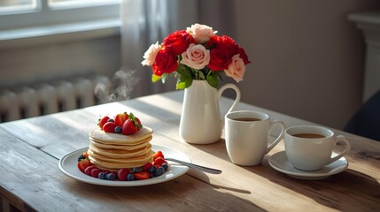 Romantic Valentine's Day Breakfast Table Setting with Red Accents