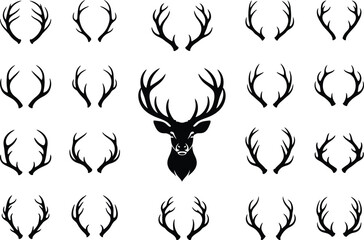 A striking black and white pattern showcases deer antlers and a deer head creating a visually repetitive and symmetrical design