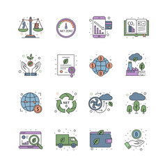 Net Zero and Carbon Credit Icon Set, Sustainable Emission Reduction Symbols, Carbon Neutrality and Environmental Conservation Vector Illustration