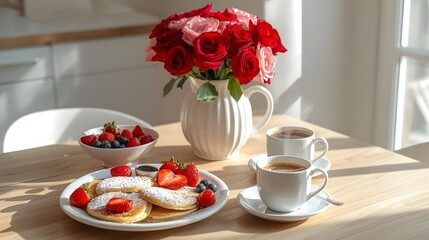 Romantic Valentines Day Breakfast Table Setting with Red and Pink Accents