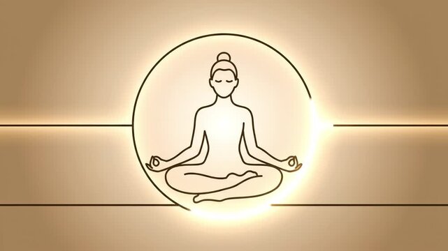 Serene woman meditation lotus pose minimal line art glowing golden circle light calm peaceful mood seated yoga lotus position warm glow