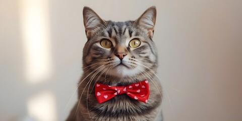 Playful Cat in Bowtie Celebrating Valentine's Day with Heart Decorations