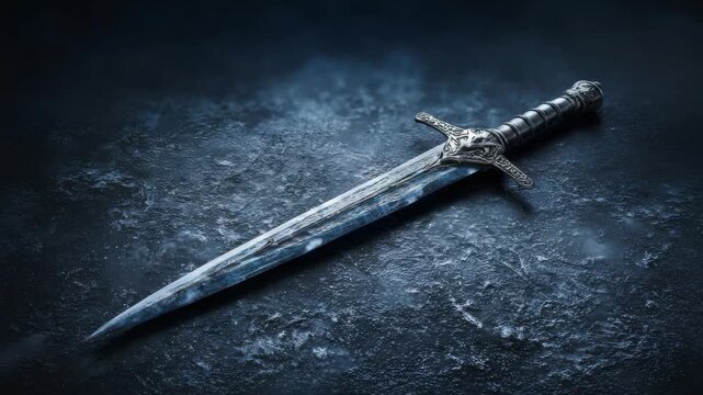 Ancient silver sword with intricate handle on dark stone background