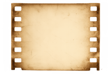 Old film strip frame with a blank yellowed paper texture, grunge burns, and perforated edges on a transparent background