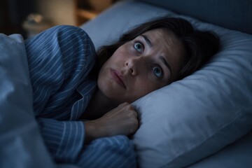 Obraz premium Woman Lying Awake In Bed Suffering From Insomnia At Night. Thoughtful woman staring at the ceiling while lying in bed, unable to sleep, showing insomnia.