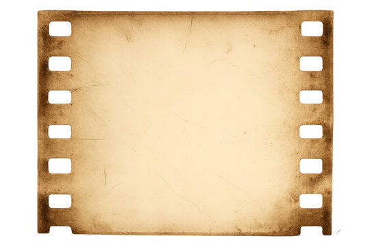 Old film strip frame with a blank yellowed paper texture, grunge burns, and perforated edges on a transparent background