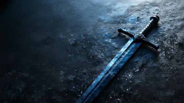 Ancient blue sword on dark textured ground with mysterious illumination