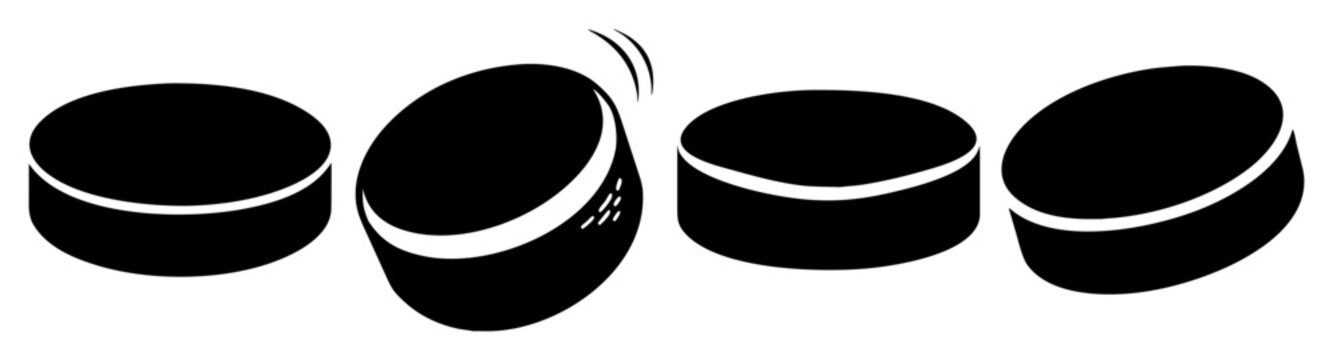 Dynamic illustration of multiple ice hockey pucks, some appearing to be in motion or tilted Vector