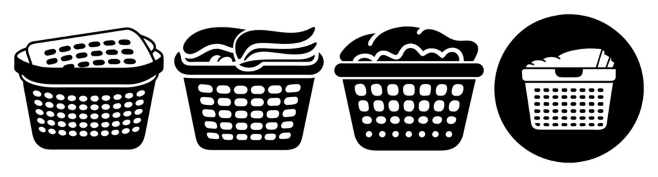 Various black and white icons showing laundry baskets in different states of fullness Vector