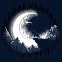 mountain landscape with mountains wolf and moon