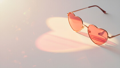 Rose tinted glasses pink heart shaped sunglasses casting pink shadows on neutral white background, relationship concept valentines