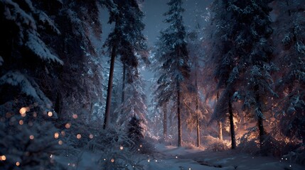 Enchanted snowy forest with warm lights creating a magical winter wonderland atmosphere.
