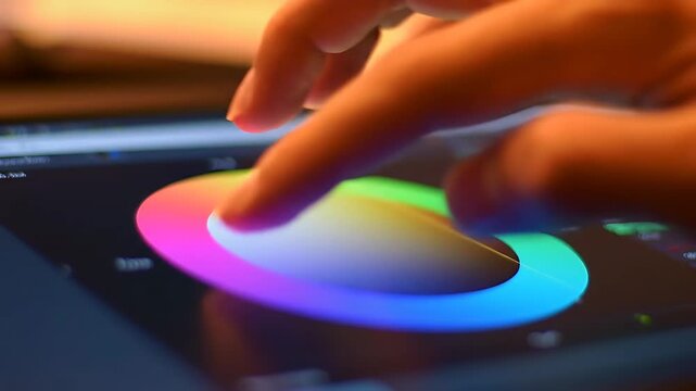Video editing, Color grading with color wheels. Screen close up 4k