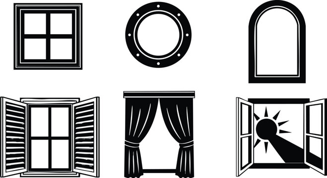 Minimalist vector window icon set showing six window types including four pane square porthole arched shuttered curtain and open sunburst view flat design black and white