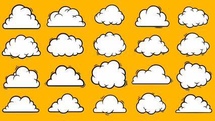 Fototapeta premium Vector Cartoon Pop Art Clouds Set on Bright Yellow Background | Comic Book Style Weather Icons and Retro Graphic Design Elements