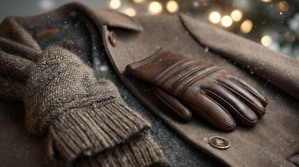 Cozy winter clothing set with leather gloves and knitted scarf, ready for cold weather adventures