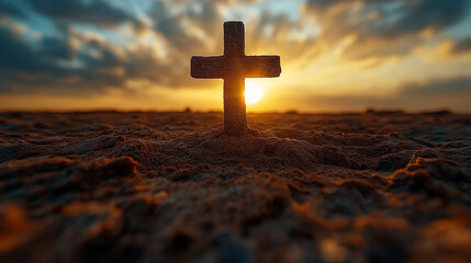 Christian cross silhouette at sunset over peaceful field