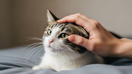 Hand petting a cute cat on a bed, close-up shot.