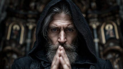 Hooded bearded monk praying in dark church interior