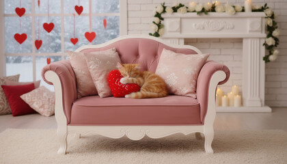 A cozy Valentine&rsquo;s Day interior shows a sleeping cat on a pink sofa with red hearts, warm fireplace decor, and soft romantic home atmosphere.