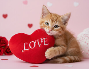 Cute ginger kitten holding a red heart pillow with love text, surrounded by roses and soft pink background, symbolizing affection, romance and Valentine&rsquo;s Day warmth.