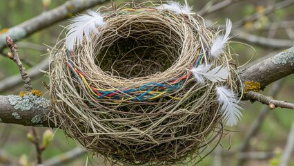 Intricate bird nest nestled in tree branch with feathers.
