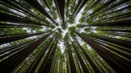 Looking Up Through Towering Trees in a Dense Forest Canopy.