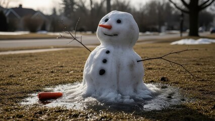 Melting Snowman on Grassy Field in Early Spring Sunlight.