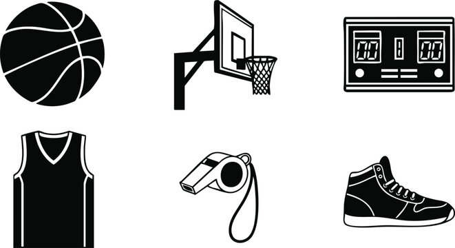 Flat design black basketball icon set showing ball hoop scoreboard jersey whistle sneaker arranged in neat grid with bold lines on white background clean minimal contrast