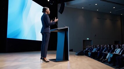 Beautiful Personal Growth Keynote Speaker Delivering a Motivational Speech on Stage, Hosting a Healthcare Seminar to Help Entrepreneurs Overcome Their Personal and Professional Challenges