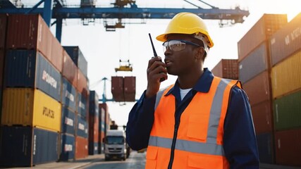 Forklift Operator in Safety Gear Uses Radio at Port, Directing Cargo Logistics. Maritime Commercial Product Container Shipping Terminal